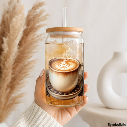 Becher-Aufkleber „Latte Art auf dem Tisch“ auf einem 16oz Glasbecher
