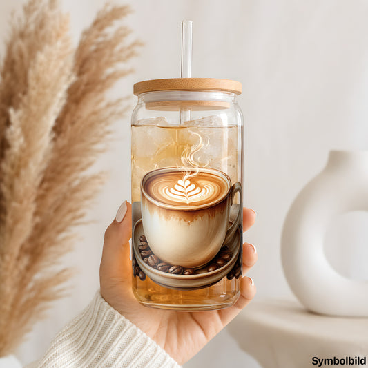 Becher-Aufkleber „Latte Art auf dem Tisch“ auf einem 16oz Glasbecher