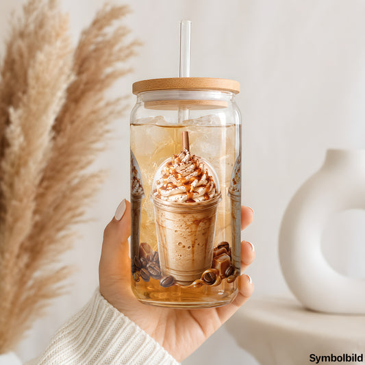 Becher-Aufkleber „Frappé mit Karamellsoße“ auf einem 16oz Glasbecher
