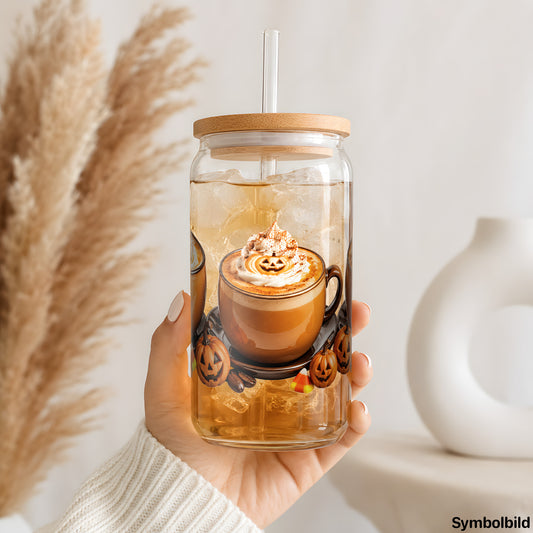 Becher-Aufkleber „Kürbistassen mit Sahne“ auf einem 16oz Glasbecher