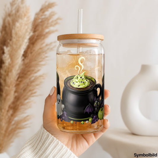 Becher-Aufkleber „Hexenkessel mit Geisterchen“ auf einem 16oz Glasbecher