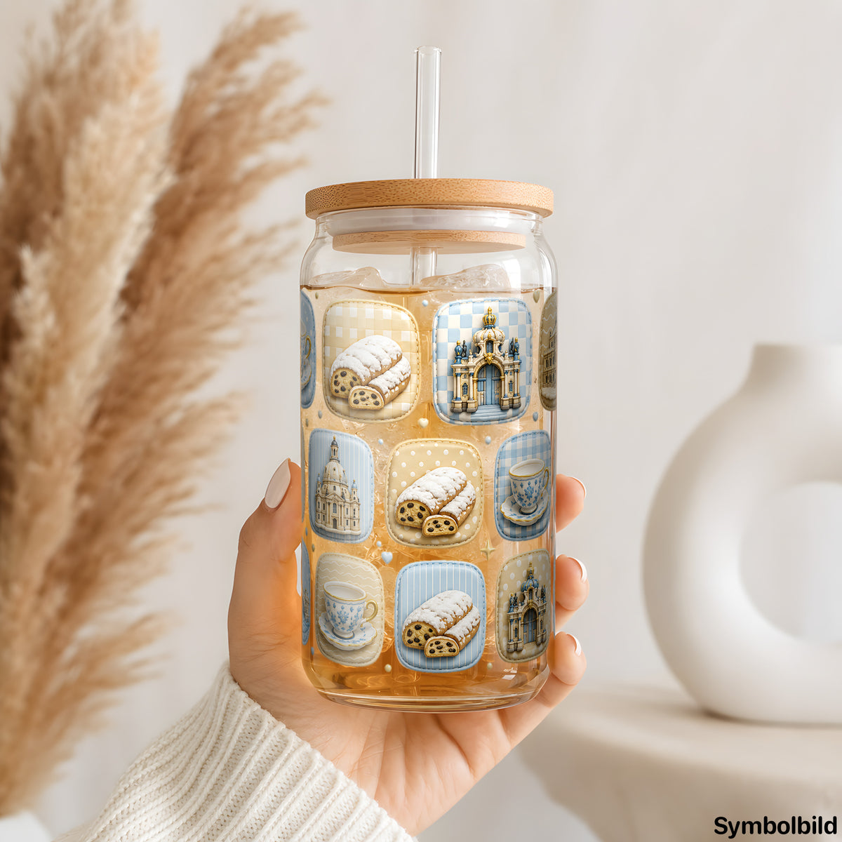 Dresden-Kachelmuster-Aufkleber auf einem 16oz Glasbecher