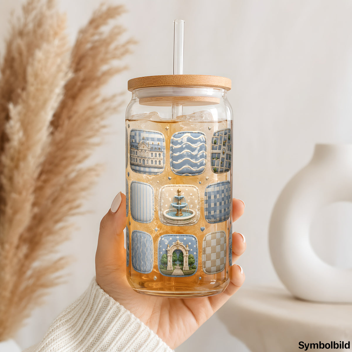 Karlsruhe-Kachelmuster-Aufkleber auf einem 16oz Glasbecher
