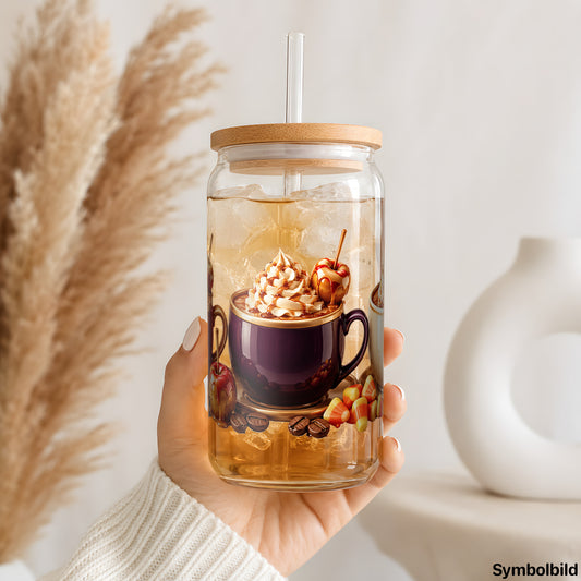 Karamellapfel-Kaffee-Aufkleber auf einem 16oz Glasbecher