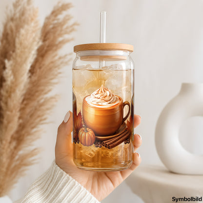 Becher-Aufkleber „Kürbis-Kaffee mit Sahne“ auf einem 16oz Glasbecher