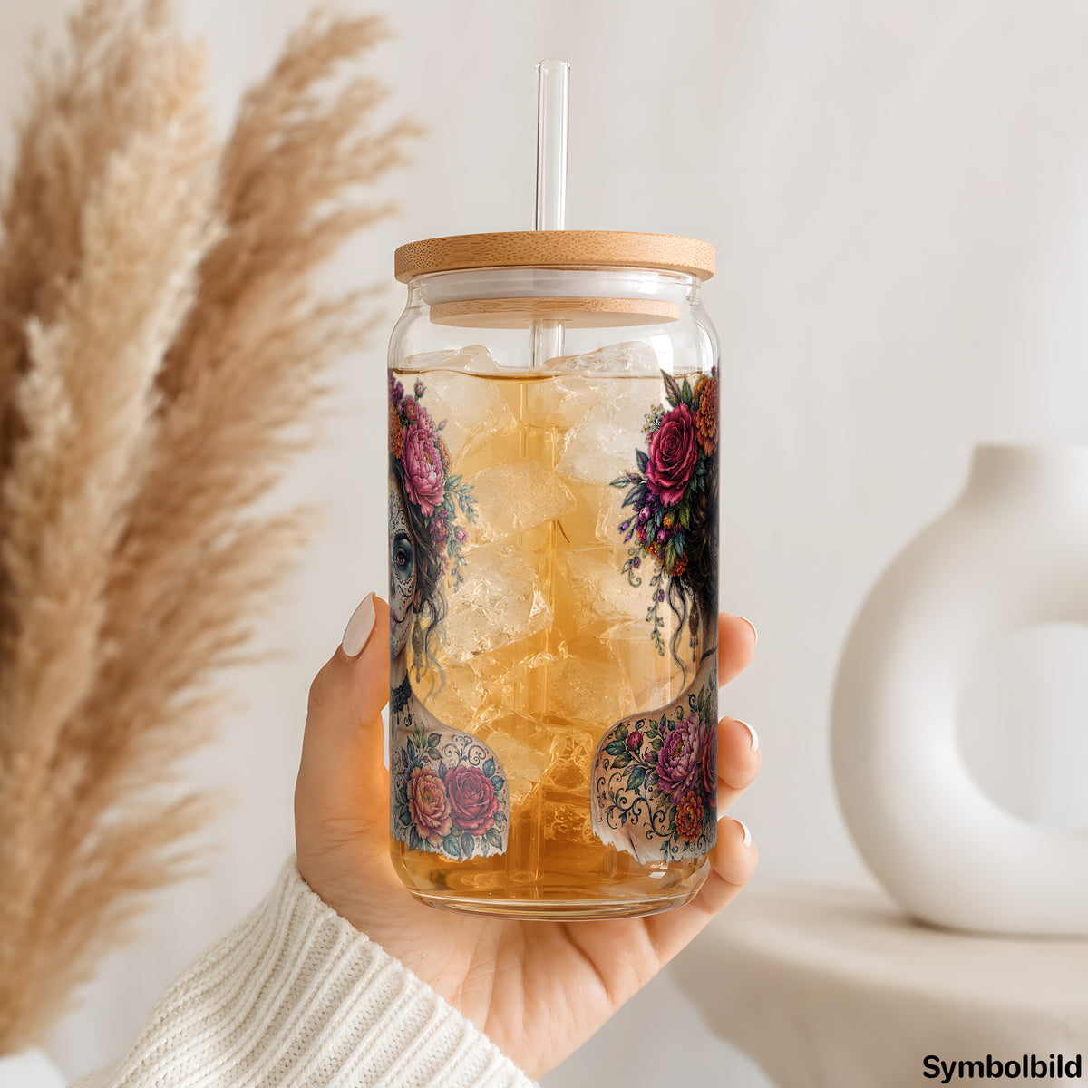 Becher-Aufkleber „Catrina mit Blumenkrone“ auf einem 16oz Glasbecher