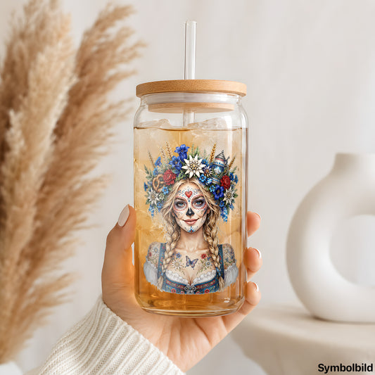 Becher-Aufkleber „Catrina mit Ährenkranz“ auf einem 16oz Glasbecher