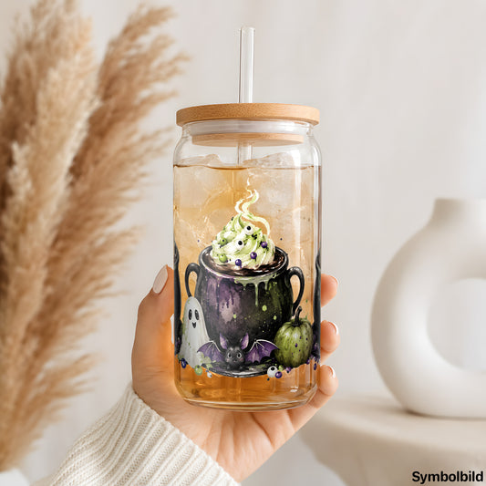 Kessel-Getränke-Aufkleber auf einem 16oz Glasbecher
