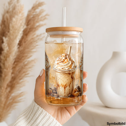 Becher-Aufkleber „Eiskaffee mit Karamellhaube“ auf einem 16oz Glasbecher