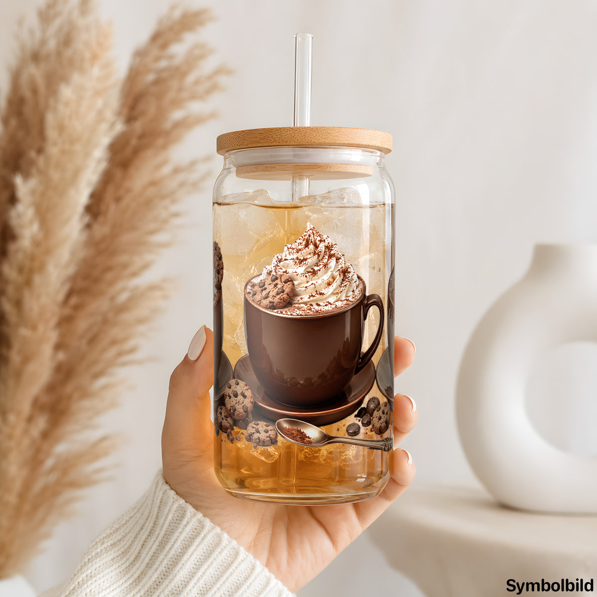 Becher-Aufkleber „Kaffee mit Sahne und Keksen“ auf einem 16oz Glasbecher