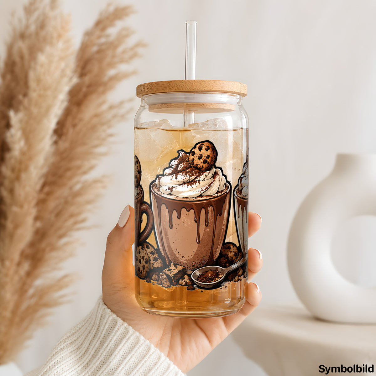 Becher-Aufkleber „Schokotassen mit Cookies“ auf einem 16oz Glasbecher
