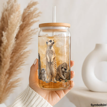 Becher-Aufkleber „Erdmännchen in der Steppe“ auf einem 16oz Glasbecher