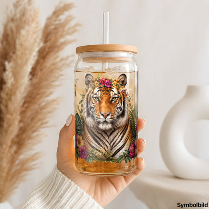 Becher-Aufkleber „Tiger im Blütendschungel“ auf einem 16oz Glasbecher