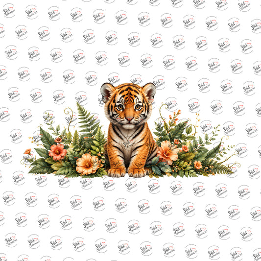Tigerbaby im Blumenbeet als Rub-on-Sticker, einzeln