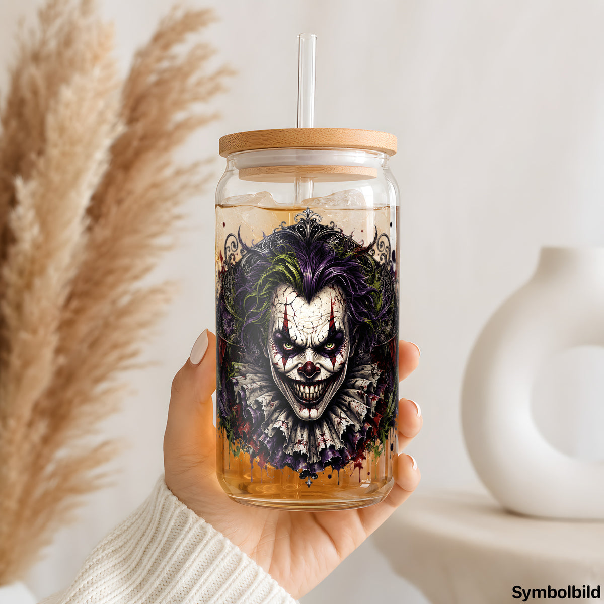 Becher-Aufkleber „Clown mit Wimpelkette“ auf einem 16oz Glasbecher