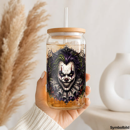 Becher-Aufkleber „Clown mit Wimpelkette“ auf einem 16oz Glasbecher