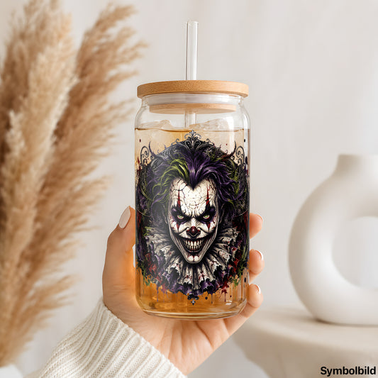 Becher-Aufkleber „Clown mit Wimpelkette“ auf einem 16oz Glasbecher