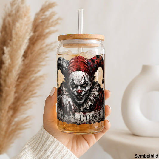 Becher-Aufkleber „Clown am Jahrmarkt“ auf einem 16oz Glasbecher