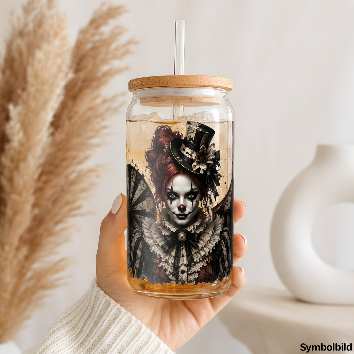 Becher-Aufkleber „Clownsdame mit Zylinder“ auf einem 16oz Glasbecher