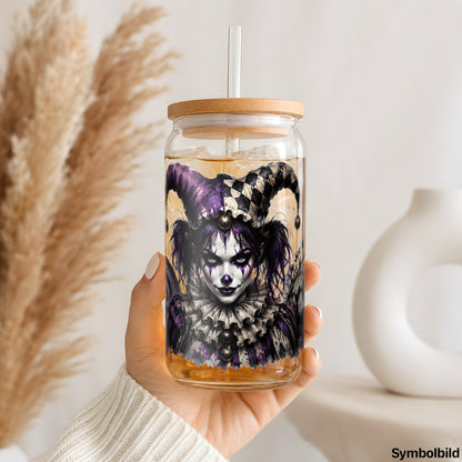 Becher-Aufkleber „Harlekin in Lila“ auf einem 16oz Glasbecher