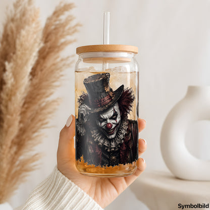 Becher-Aufkleber „Clown mit Zylinder“ auf einem 16oz Glasbecher