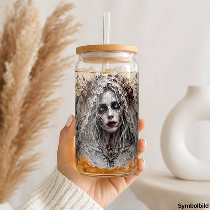Becher-Aufkleber „Die untote Braut“ auf einem 16oz Glasbecher