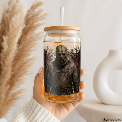 Becher-Aufkleber „Sackmaske im Schuppen“ auf einem 16oz Glasbecher