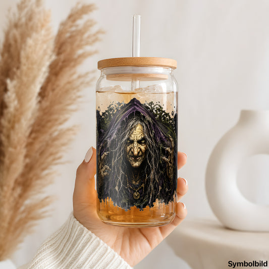 Becher-Aufkleber „Hexe mit Raben“ auf einem 16oz Glasbecher