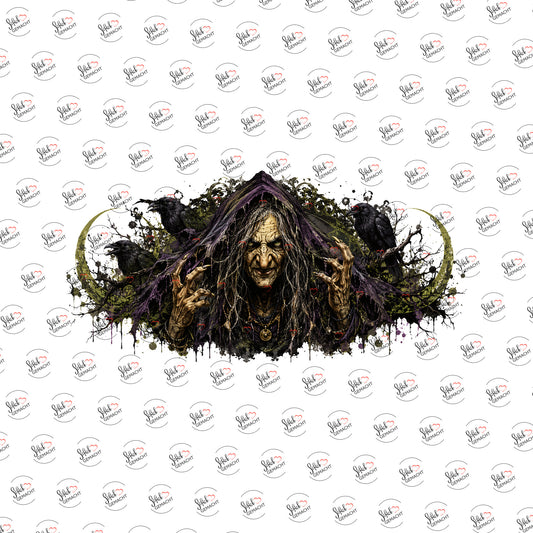 Hexe mit Raben als Rub-on-Sticker, einzeln