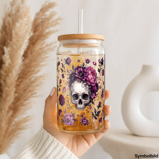 Becher-Aufkleber „Zuckerschädel mit Rosen“ auf einem 16oz Glasbecher
