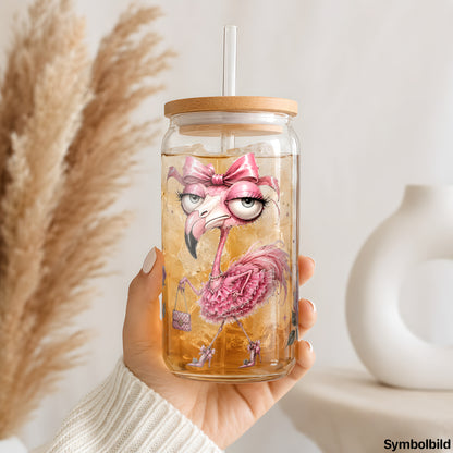 Becher-Aufkleber „Flamingo mit Schleife“ auf einem 16oz Glasbecher