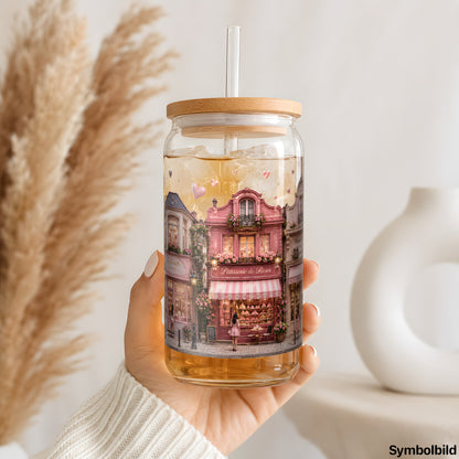 Becher-Aufkleber „Rosa Häuserzeile“ auf einem 16oz Glasbecher