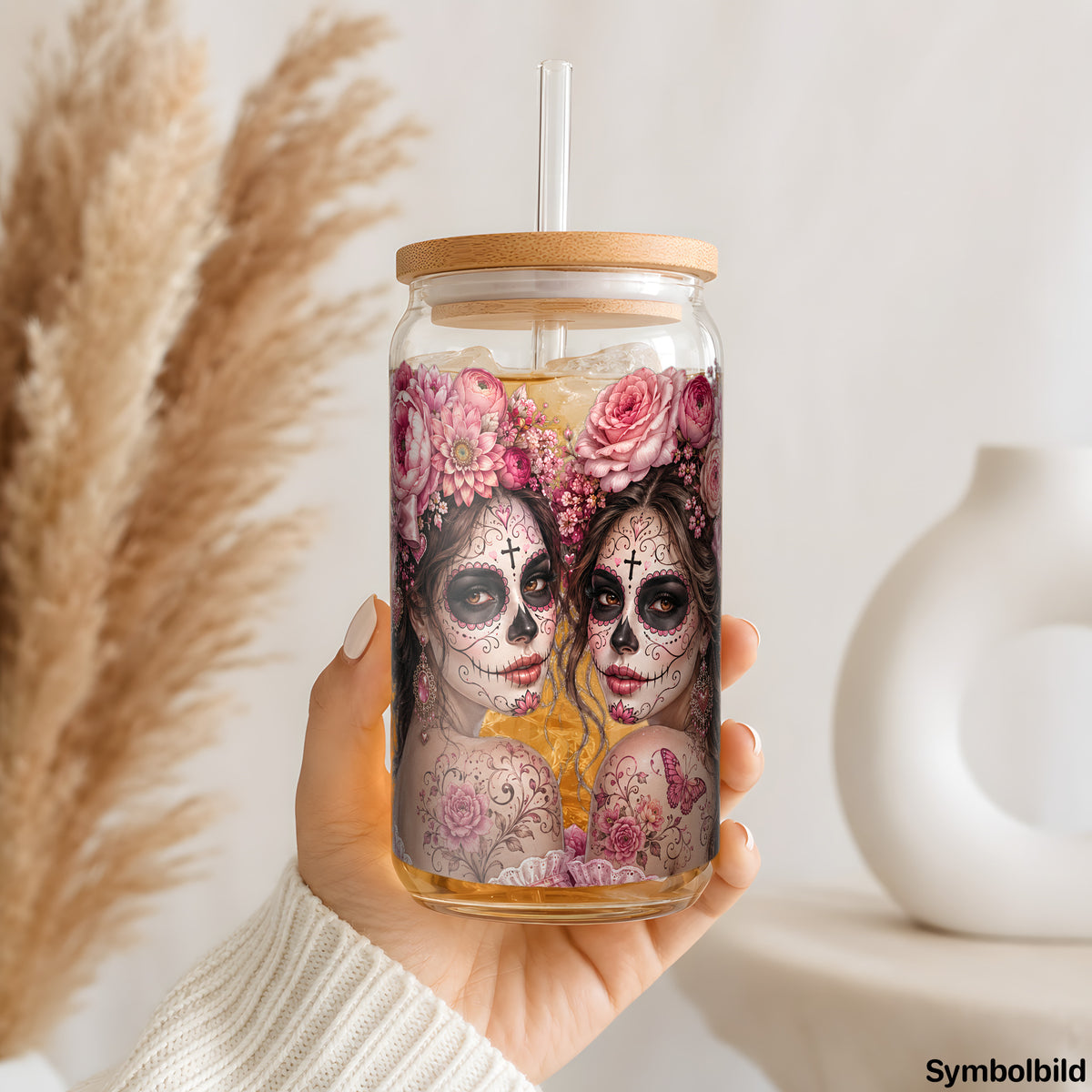 Becher-Aufkleber „Catrinas in Rosa“ auf einem 16oz Glasbecher