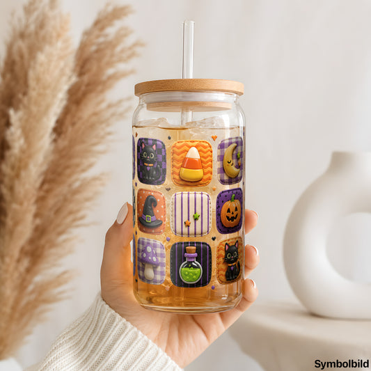 Halloween-Kachelmuster-Aufkleber auf einem 16oz Glasbecher