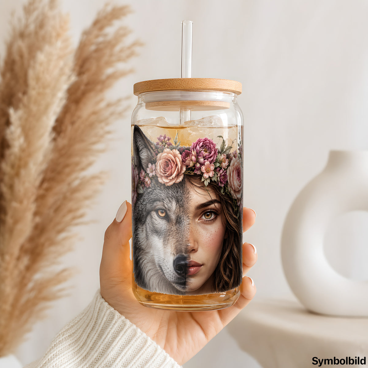 Becher-Aufkleber „Halb Frau, halb Wolf“ auf einem 16oz Glasbecher