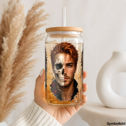 Becher-Aufkleber „Totenkopf-Portraits mit Rosen“ auf einem 16oz Glasbecher