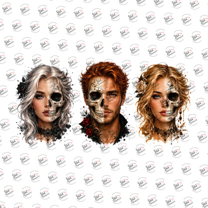 Totenkopf-Portraits mit Rosen als Rub-on-Sticker, einzeln