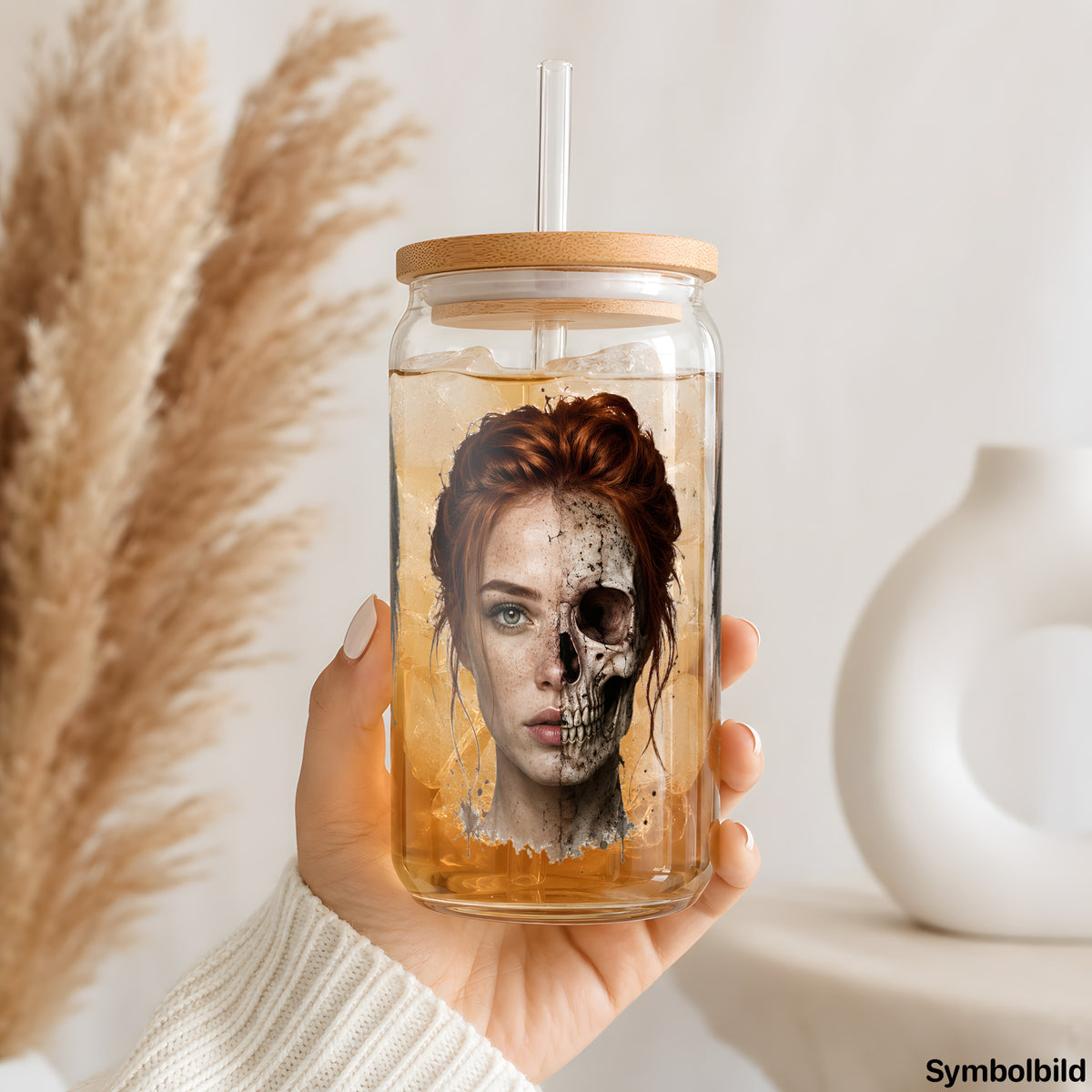 Becher-Aufkleber „Schöne Hälfte, dunkle Hälfte“ auf einem 16oz Glasbecher