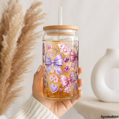 Becher-Aufkleber „Blumige Schleifen“ auf einem 16oz Glasbecher