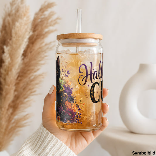 Becher-Aufkleber „Halloween Cup“ auf einem 16oz Glasbecher