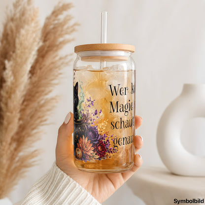 Becher-Aufkleber „Wer keine Magie sieht“ auf einem 16oz Glasbecher