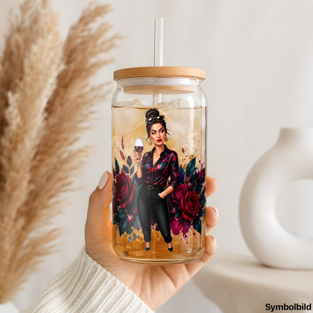 Becher-Aufkleber „Dame mit Rosen und Wein“ auf einem 16oz Glasbecher