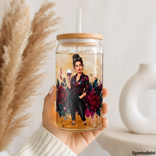 Becher-Aufkleber „Dame mit Rosen und Wein“ auf einem 16oz Glasbecher