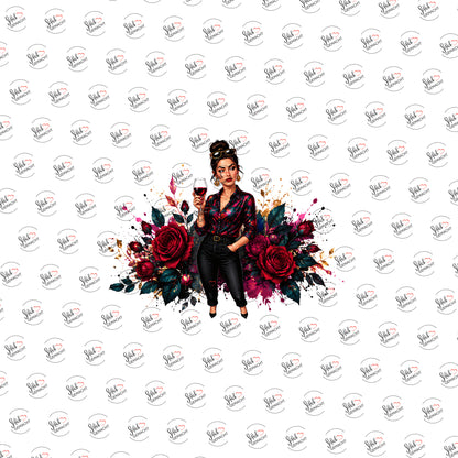 Dame mit Rosen und Wein als Rub-on-Sticker, einzeln