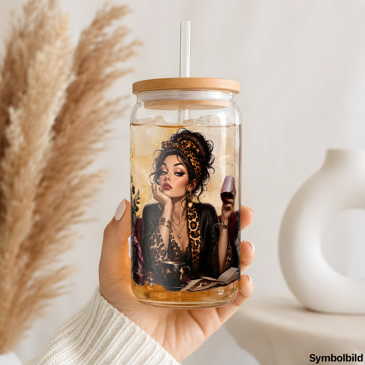 Becher-Aufkleber „Leo-Lady mit Katze“ auf einem 16oz Glasbecher