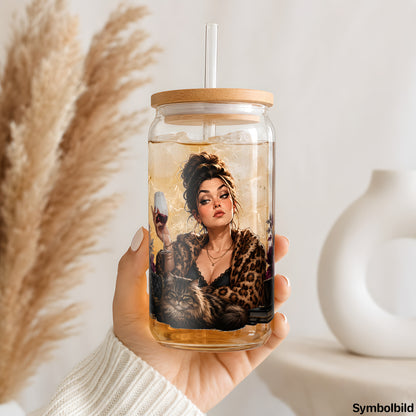 Becher-Aufkleber „Dame mit Weinglas“ auf einem 16oz Glasbecher