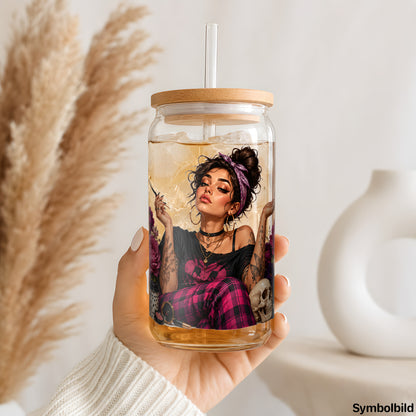 Becher-Aufkleber „Boho-Dame mit Totenkopf“ auf einem 16oz Glasbecher