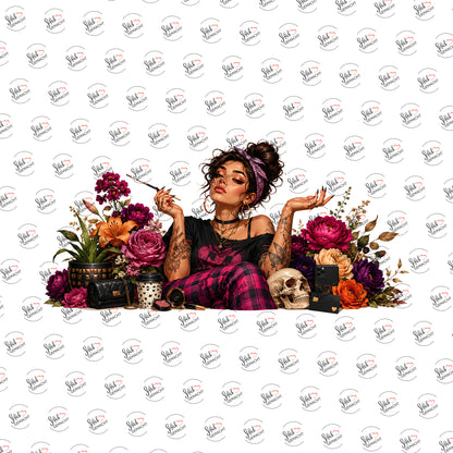 Boho-Dame mit Totenkopf als Rub-on-Sticker, einzeln