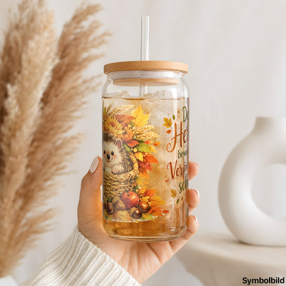 Becher-Aufkleber „Herbstspruch mit Igel“ auf einem 16oz Glasbecher