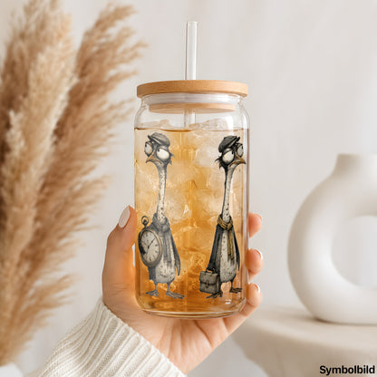 Becher-Aufkleber „Strauße im Büro-Look“ auf einem 16oz Glasbecher